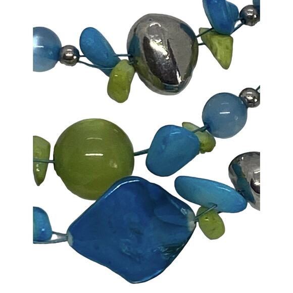 Multicolored Turquoise Stones Green Beads Three Strand Necklace Handcrafted - Picture 7 of 15